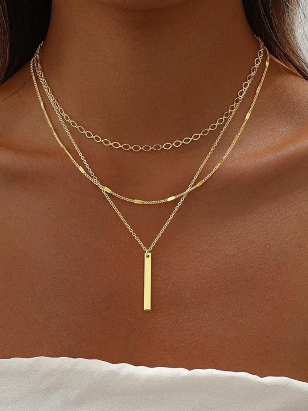 14K Gold Plated Layered Bar Pendant Necklace Set - Picture 2 of 6